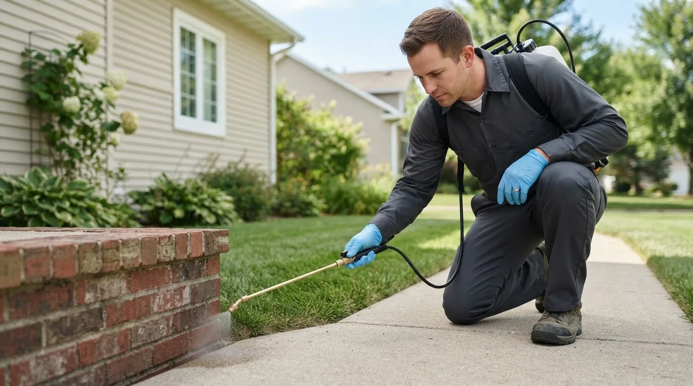 Pest control technician treating a home near Newmanstown, PA